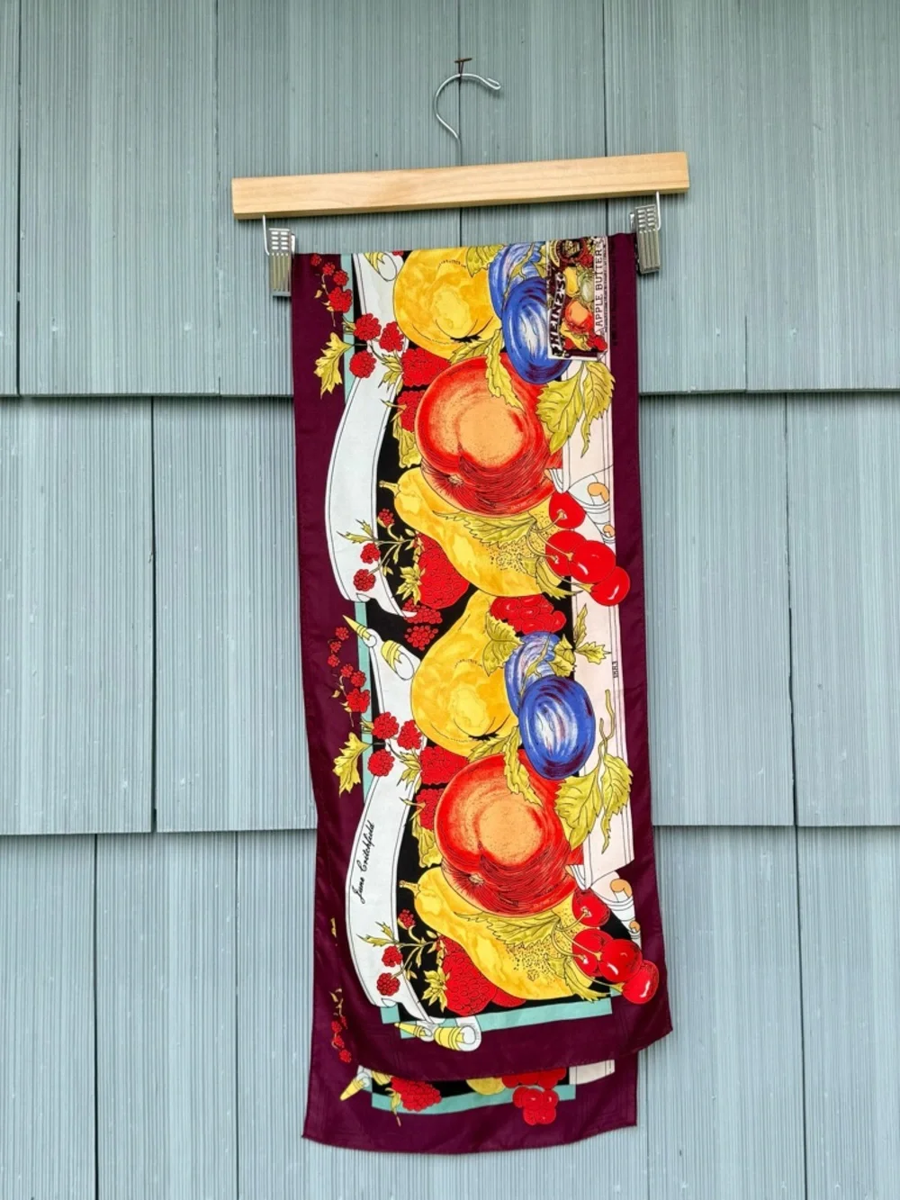 VTG June Critchfield silk scarf, fruit print, Heinz's Apple Butter 1989 drawing
